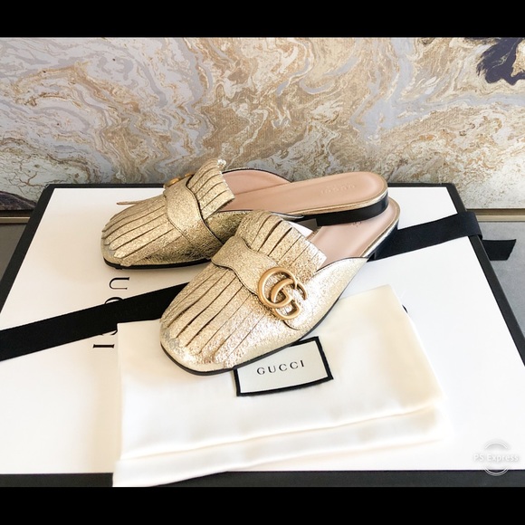 Gucci GG Marmont Gold Metallic Fringe Mule Loafers - Picture 3 of 12